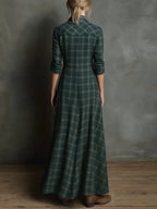 Women's checked shirt maxi dress with lapel collar, long sleeves and button front