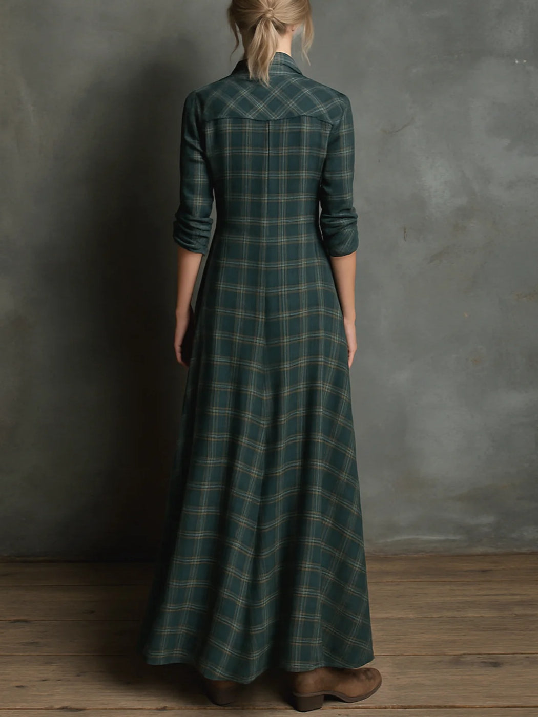 Women's checked shirt maxi dress with lapel collar, long sleeves and button front