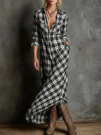Women's checked shirt maxi dress with lapel collar, long sleeves and button front