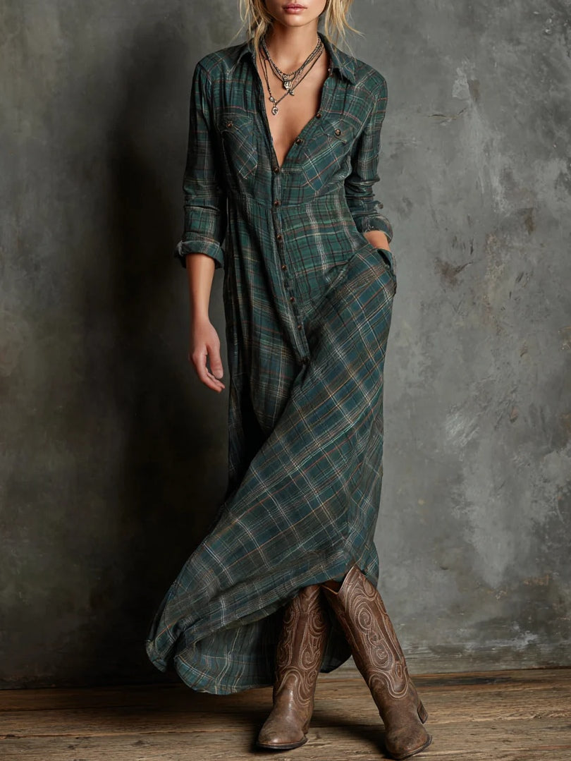 Women's checked shirt maxi dress with lapel collar, long sleeves and button front