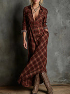 Women's checked shirt maxi dress with lapel collar, long sleeves and button front
