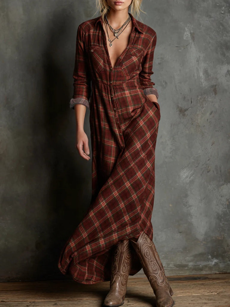 Women's checked shirt maxi dress with lapel collar, long sleeves and button front
