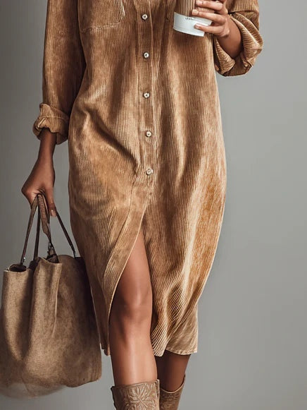 Women's brown corduroy shirt midi dress with button front and chest pockets