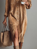 Women's brown corduroy shirt midi dress with button front and chest pockets
