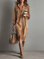 Women's brown corduroy shirt midi dress with button front and chest pockets