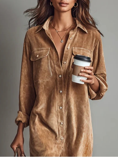 Women's brown corduroy shirt midi dress with button front and chest pockets