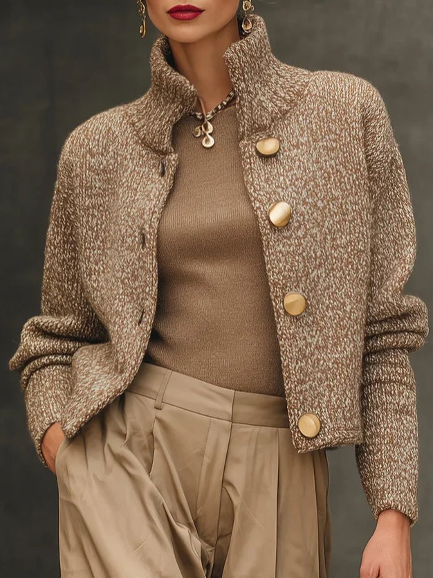 Women's textured camel button-front cardigan with mock neck