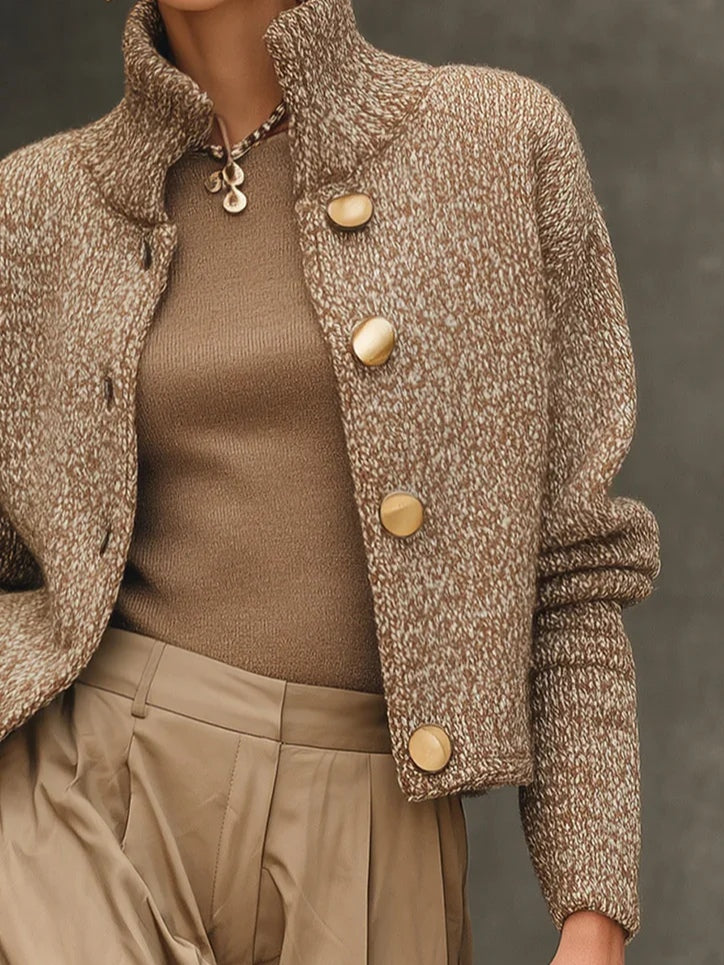 Women's textured camel button-front cardigan with mock neck