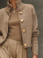 Women's textured camel button-front cardigan with mock neck