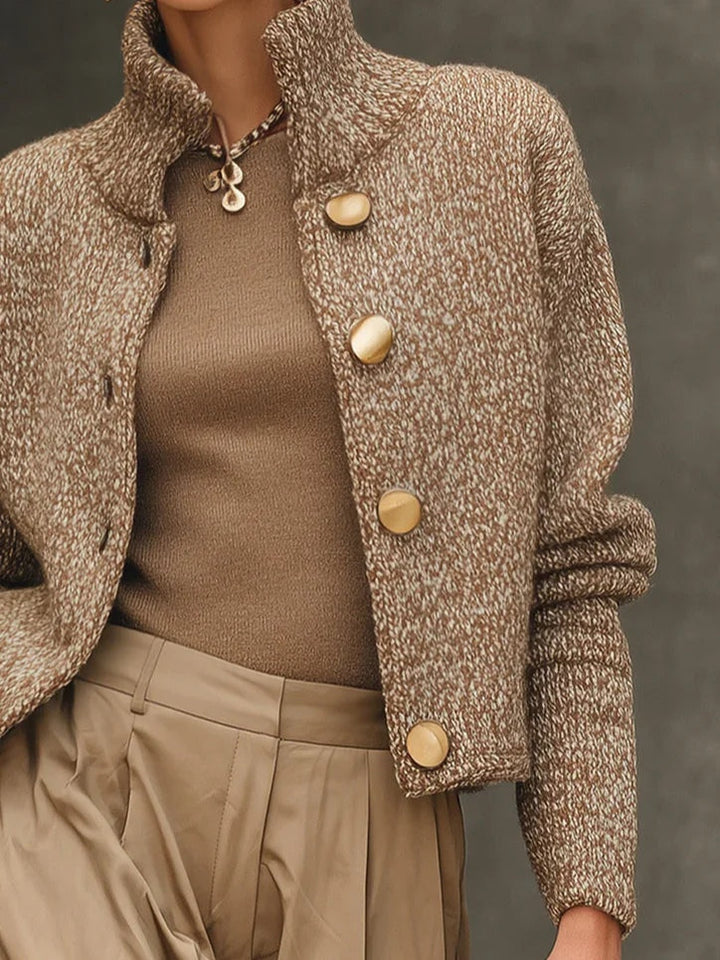 Women's textured camel button-front cardigan with mock neck