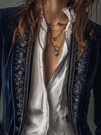 Women's navy longline jacket with floral embroidery, stand collar and long sleeves