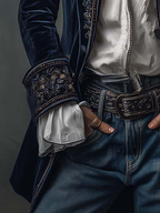Women's navy longline jacket with floral embroidery, stand collar and long sleeves