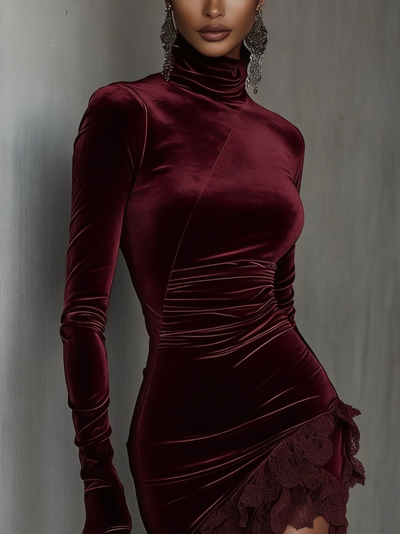Women's burgundy velvet turtleneck mini dress with lace hem