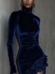 Dark blue velvet mini dress with turtleneck and lace hem