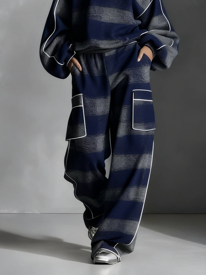 Women's striped sweatshirt and wide-leg trousers set with contrast piping and patch pockets