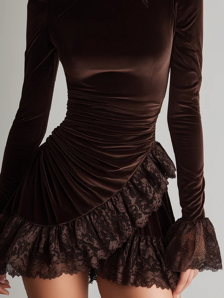Women's brown velvet mini dress with turtleneck, long sleeves, ruching and lace ruffle trim