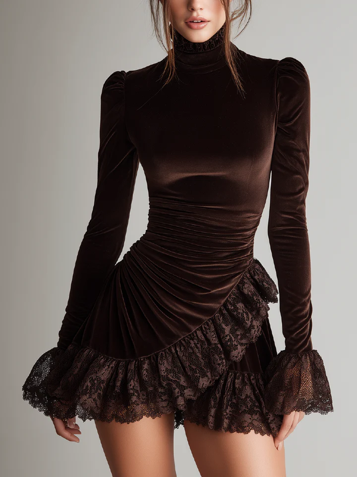 Women's brown velvet mini dress with turtleneck, long sleeves, ruching and lace ruffle trim