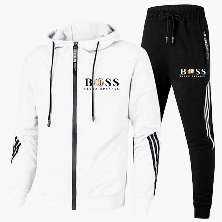 Men's hooded tracksuit with zip jacket and striped joggers