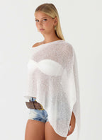 Women's off white open knit one shoulder poncho top