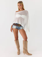 Women's off white open knit one shoulder poncho top