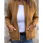 Women's rib-knit cardigan with open front, long sleeves and patch pockets