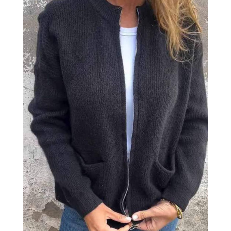 Women's rib-knit cardigan with open front, long sleeves and patch pockets