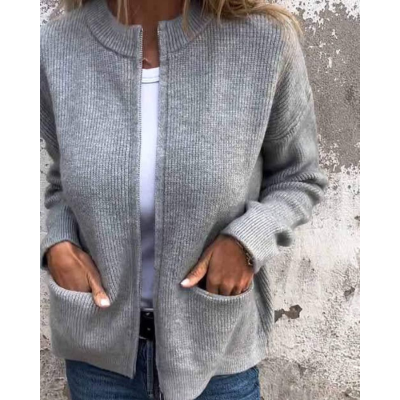 Women's rib-knit cardigan with open front, long sleeves and patch pockets