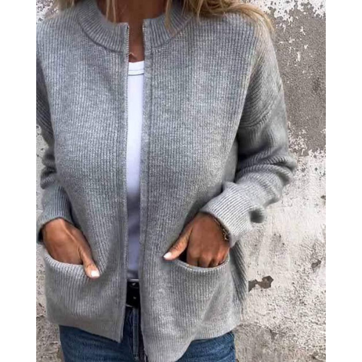 Women's rib-knit cardigan with open front, long sleeves and patch pockets