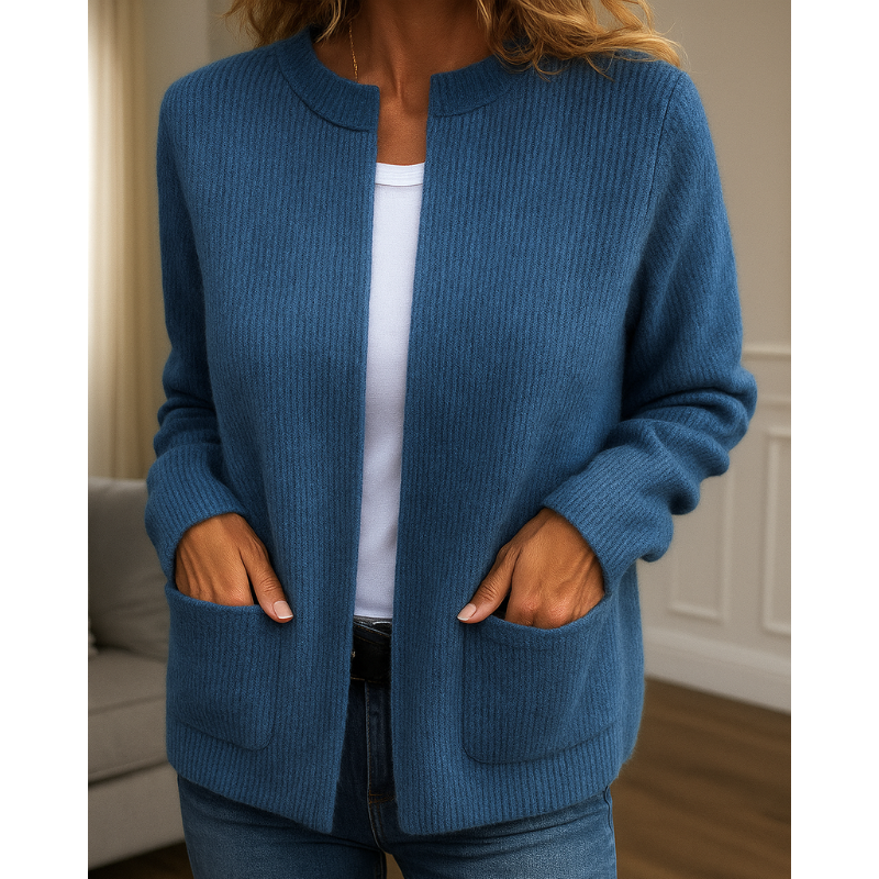 Women's rib-knit cardigan with open front, long sleeves and patch pockets