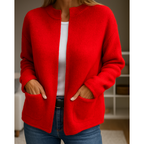Women's rib-knit cardigan with open front, long sleeves and patch pockets