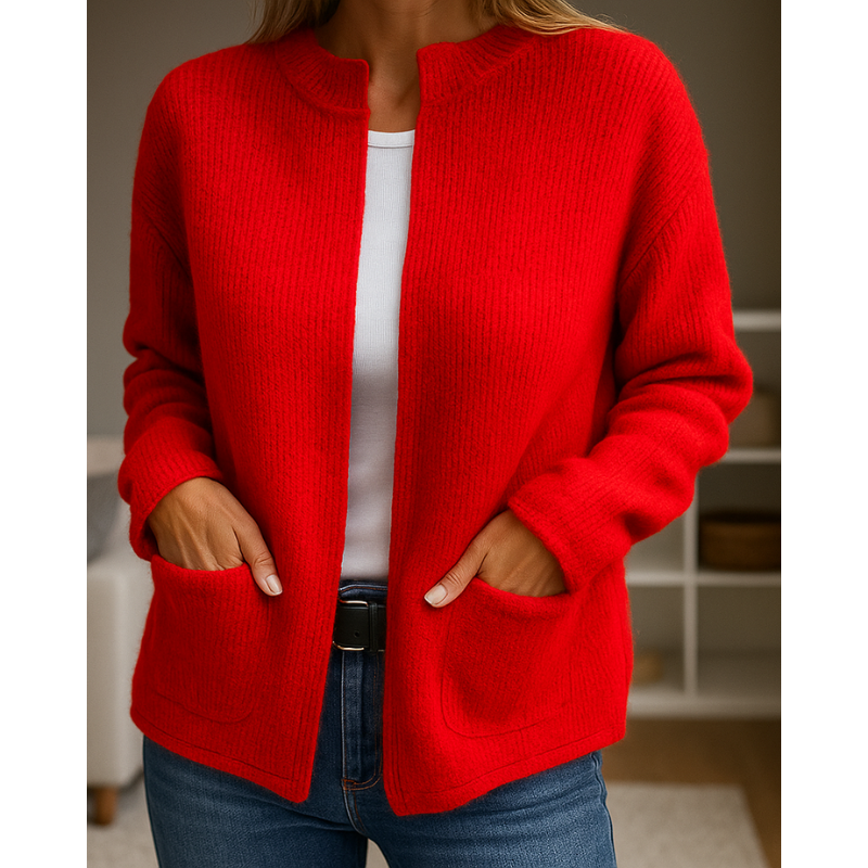 Women's rib-knit cardigan with open front, long sleeves and patch pockets