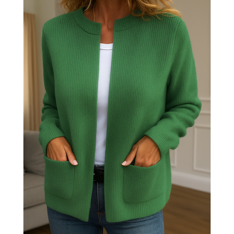 Women's rib-knit cardigan with open front, long sleeves and patch pockets