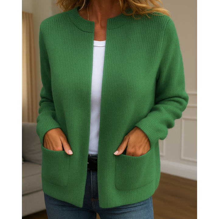 Women's rib-knit cardigan with open front, long sleeves and patch pockets