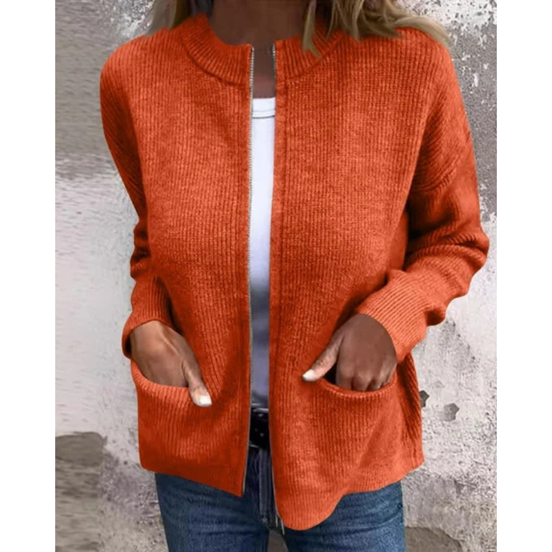 Women's rib-knit cardigan with open front, long sleeves and patch pockets