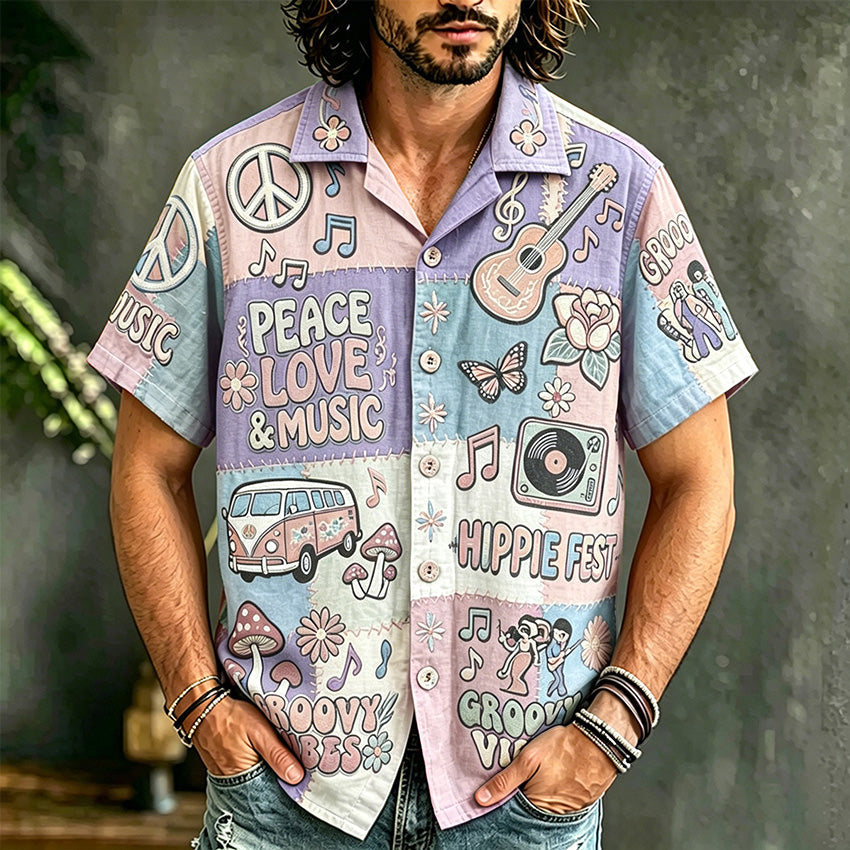 Men's multicolor patchwork graphic shirt with music-themed artwork