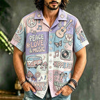 Men's multicolor patchwork graphic shirt with music-themed artwork