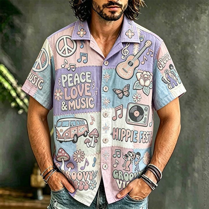Men's multicolor patchwork graphic shirt with music-themed artwork