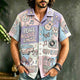 Men's multicolor patchwork graphic shirt with music-themed artwork