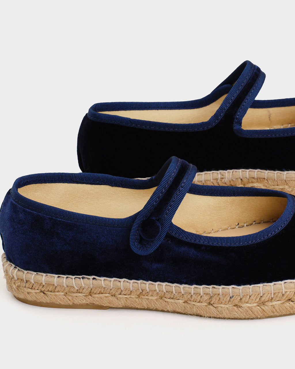 Navy velvet Mary Jane espadrille flats with woven soles