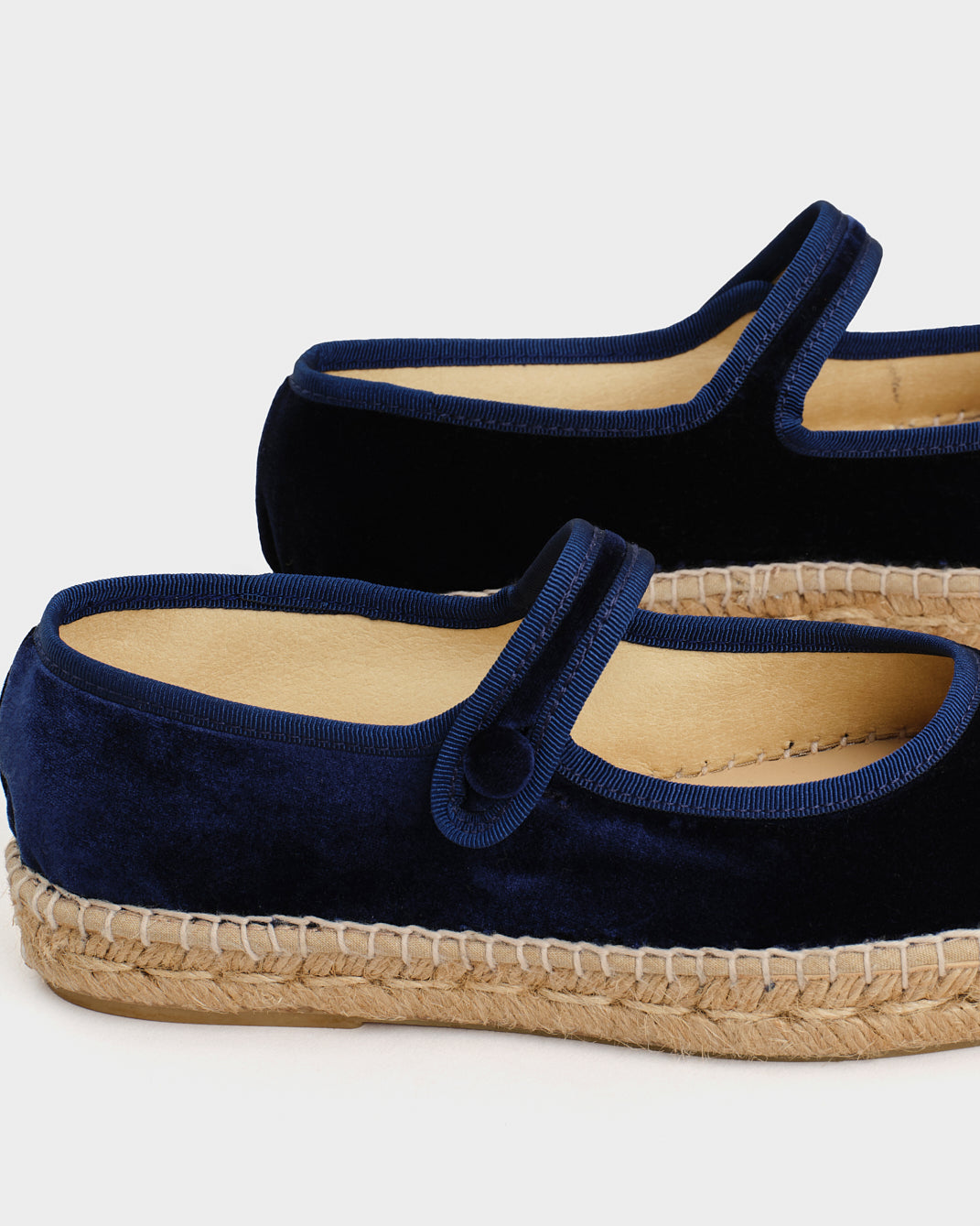 Navy velvet Mary Jane espadrille flats with woven soles