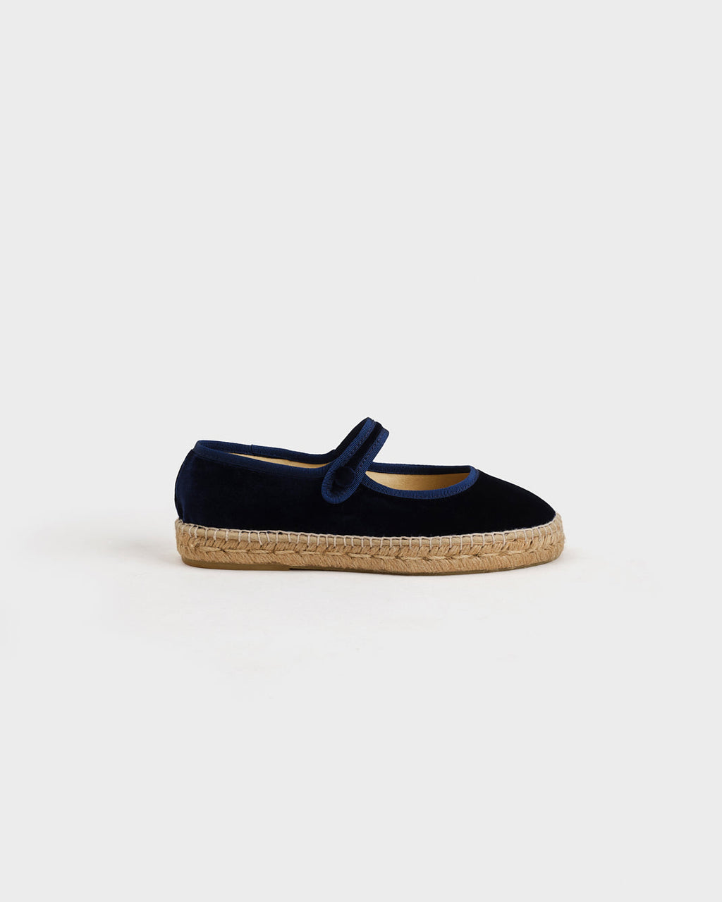 Navy velvet Mary Jane espadrille flats with woven soles