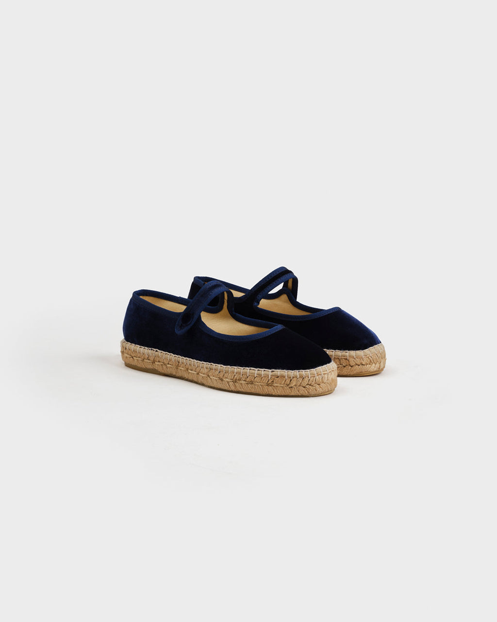 Navy velvet Mary Jane espadrille flats with woven soles