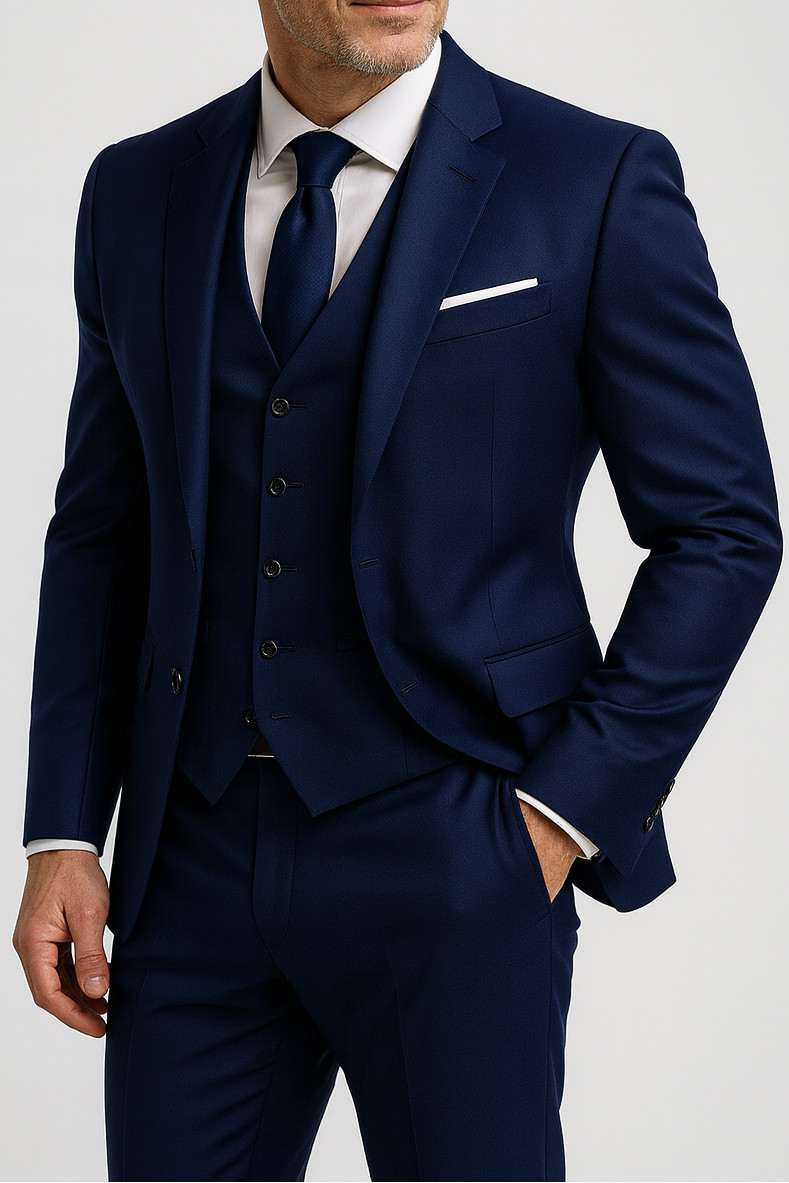 Men's three-piece suit with notch lapel jacket, buttoned waistcoat and matching trousers
