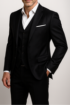 Men's three-piece suit with notch lapel jacket, buttoned waistcoat and matching trousers
