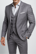 Men's three-piece suit with notch lapel jacket, buttoned waistcoat and matching trousers