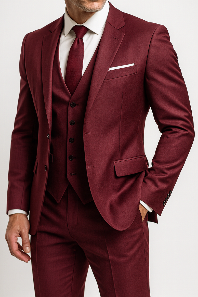 Men's three-piece suit with notch lapel jacket, buttoned waistcoat and matching trousers