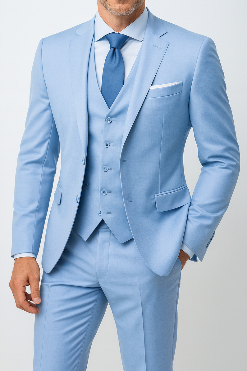 Men's three-piece suit with notch lapel jacket, buttoned waistcoat and matching trousers