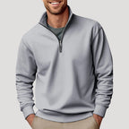 Men's white half-zip sweatshirt with stand collar and ribbed trims
