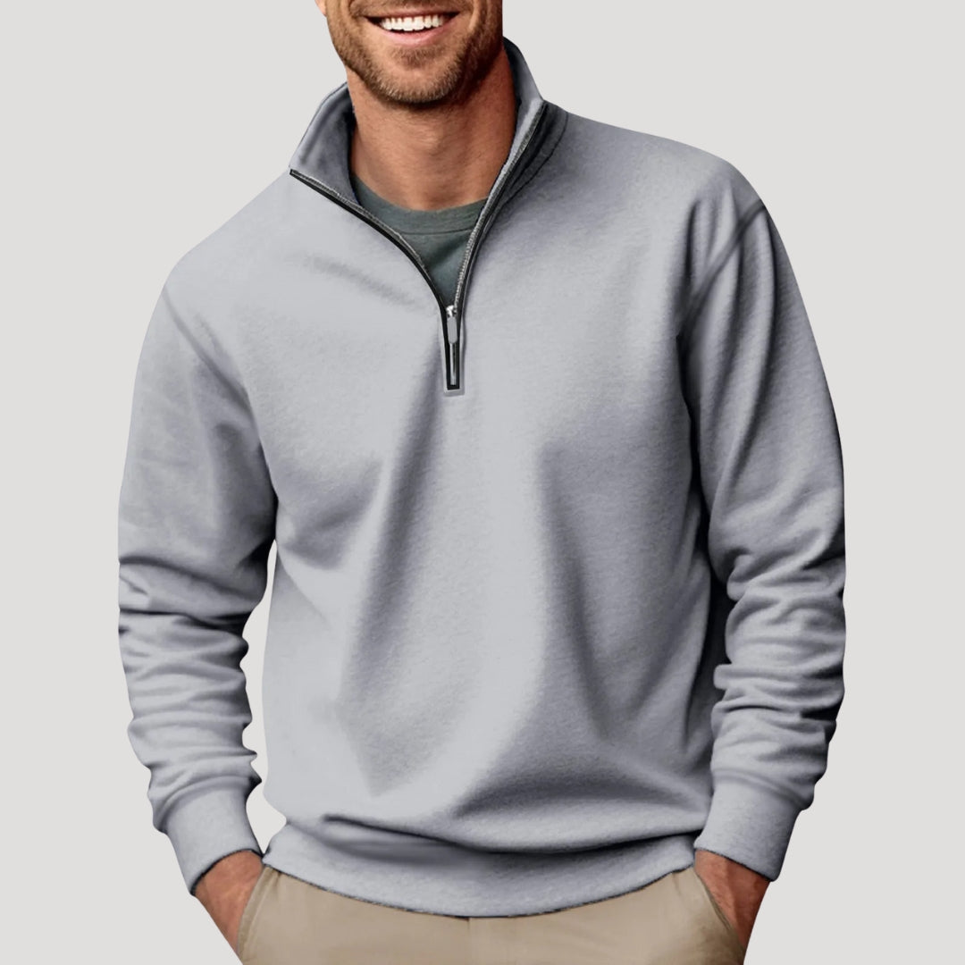 Men's white half-zip sweatshirt with stand collar and ribbed trims