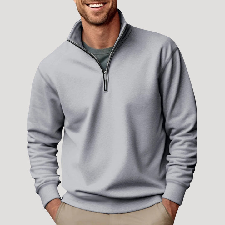 Men's white half-zip sweatshirt with stand collar and ribbed trims